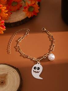 1pc Halloween Pumpkin Witch Hat Dangle Rhinestone Bracelet Adjustable Gold Wavy Chain Party Jewelry - Gold - View 10