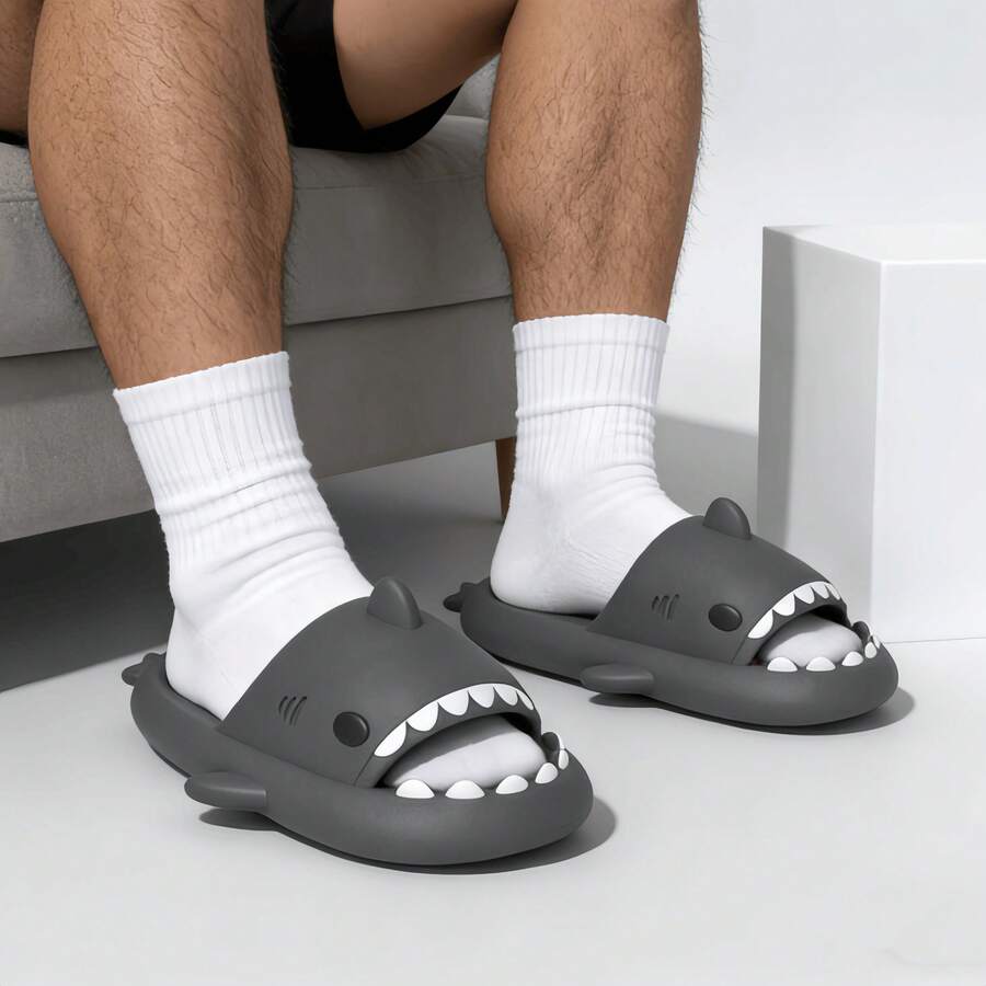 Wuxi lateness time co., ltd Shark Home Slippers Adult Couple Slides Funny Non-Slip Cartoon Slippers Men Outdoor Wear - Distant Mountain Gray - View 1