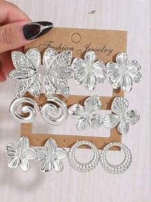 2/12PCS Vintage Fashion Elegant Silver Flower Hollow Floral Leaf Circle Spiral Stud Earrings Set, Daily Versatile Commute Accessory - Silver - View 7