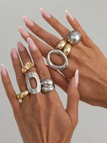 8 Pcs Bohemian Chunky Mixed Metal Rings, Stackable Gold And Silver Tone Statement Rings For Daily And Party Wear - Color Mixing - View 3