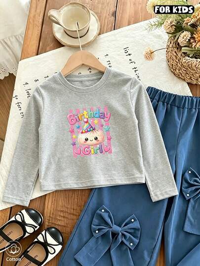 تيشيرت طويل الأكمام للبنات بطبعة "Birthday Girl" - تصميم كرتوني ملون ولطيف، قميص قطني بياقة دائرية