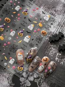 Halloween Cartoon Pumpkin Ghost Skull Candy Lollipop Spider Web Star Bat Lovely Adhesive Nail Tip 5D Art Sticker Manicure Decals - Multicolor - View 2