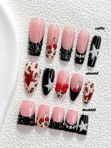 10pcs Kuku Tempel Buatan Tangan Gaya Manis dan Keren, Set Manikur Poly Gel, Motif Bintang, Pita, dan Ceri, Palet Warna Merah, Hitam, dan Cokelat, Desain Modis, Termasuk Alat Manikur, Tersedia 3 Ukuran, Bentuk Almond/Bebek/Peti, Cocok untuk Pesta, Dansa, dan Pemakaian Sehari-hari - MultiWarna - View 1