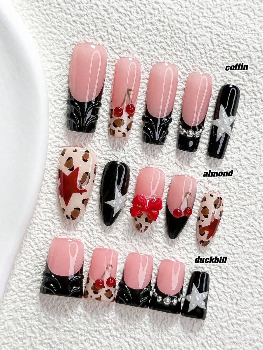 10pcs Kuku Tempel Buatan Tangan Gaya Manis dan Keren, Set Manikur Poly Gel, Motif Bintang, Pita, dan Ceri, Palet Warna Merah, Hitam, dan Cokelat, Desain Modis, Termasuk Alat Manikur, Tersedia 3 Ukuran, Bentuk Almond/Bebek/Peti, Cocok untuk Pesta, Dansa, dan Pemakaian Sehari-hari - MultiWarna - View 1