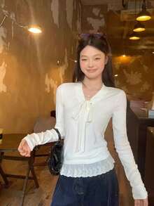 女款蝴蝶結蕾絲飾邊長袖T恤，韓系新風層次感上衣 - 白色 - 查看 9