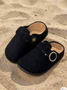 HAHABOBO Children's Black Solid Color Fabric Mule Slippers, Closed Toe Buckle Plastic Sole Casual Versatile Slippers For Boys And Girls - Black - View 3