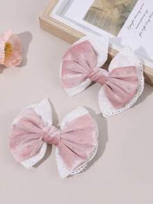 2pcs Pink Lace Bow Hair Clips, Shiny Rhinestone Satin Bow Hair Clips, Sweet Pastoral Style Hair Accessories For Girls And Teenagers, Daily, Vacation, Party Wear, Gift - Pink - View 2