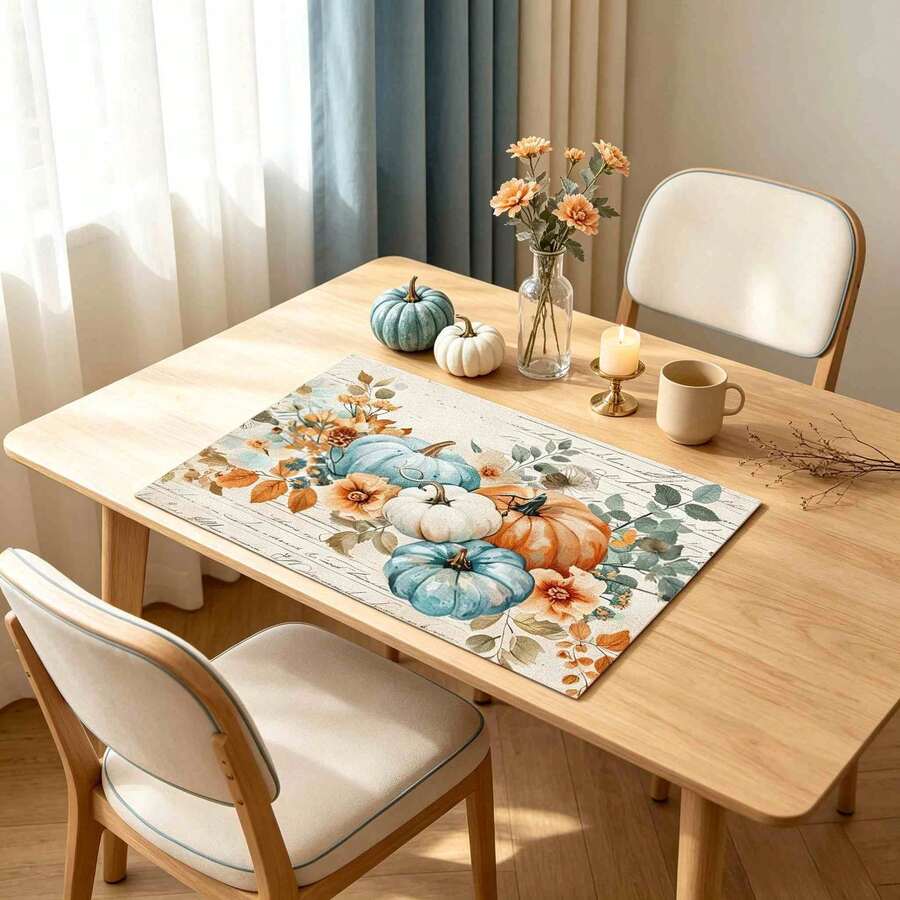 1/4/6pcs Autumn Series Blue & Orange Floral Pumpkin Pattern Printed Placemats, Heat-Resistant Table Mat For Home Kitchen, Table Protection, Kitchen Dining Table, Party Scene Decoration