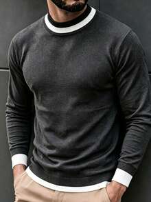 ZYNTH BALENO Men's Fashion Autumn/Winter Patchwork Slim Fit Regular Shoulder Mock Neck Long Sleeve Sweater, Suitable For Gym Workouts Sports - Dark Grey - View 2