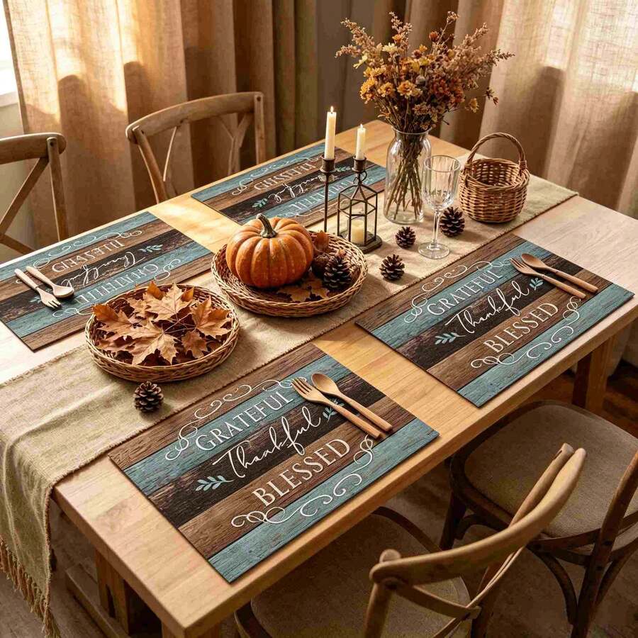1/4/6pcs Autumn Series Blue & Brown Patchwork Distressed Wood Grain Pattern Printed Placemats, Heat Resistant Table Protector For Home Kitchen, Dining Table, Party Decor