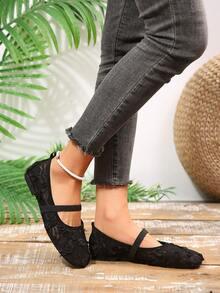Women's 3D Floral Lace Mesh Square Toe Elastic Strap Breathable Soft Sole Shoes - Black - View 4