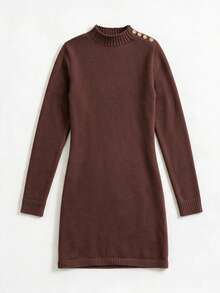 SEREN Fashion Women's Pencil Skirt Short Sweater Dress, Long Sleeve Button Detail, Winter Clothing - Mocha Brown - View 7