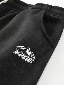 Men's Autumn 2 Pieces Sports Set, Distressed Washed Crew Neck Long Sleeve Sweatshirt + Drawstring Waist Straight Leg Sweatpants, Mountain Graphic Print, Casual Retro Streetwear Style - Black - View 6