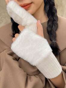 1/2 Pairs Autumn/Winter Half-Finger Knitted Gloves, Suitable For Students, Office And Writing, Warm And Cold-Resistant, Women's Touchscreen Gloves - Multicolor - View 9