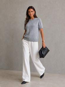 Women's Fall Winter Y2K Solid Color Short Sleeve Wool Blend Knit Top, Casual Crew Neck Sweater Pullover, Daily Commute, Women's Solid Color Top - Light Grey - View 3