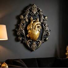 Dark Gothic Heart Relief Wall Hanging, Vintage Baroque Carved Frame Niche Art Wall Decor Ornament - 2869 - View 2