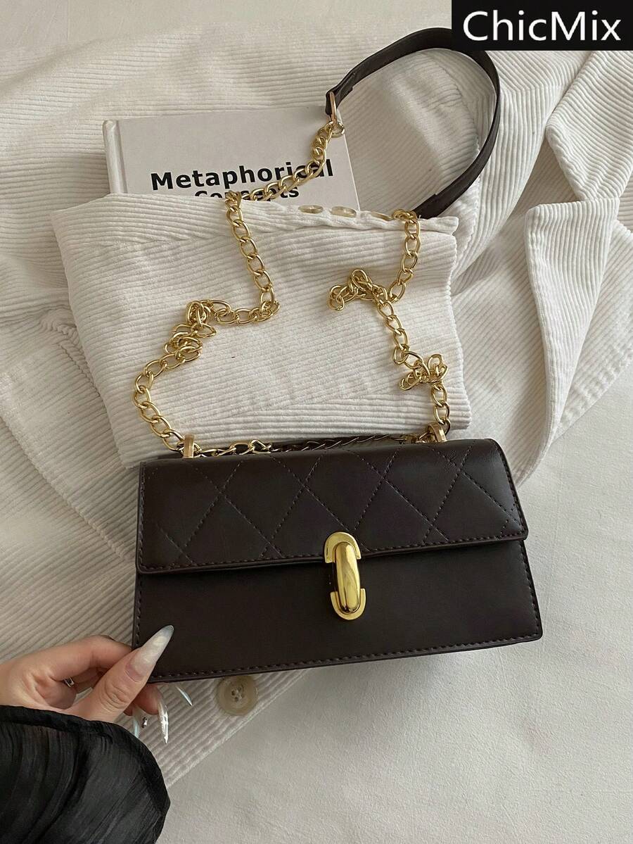 Bolso de hombro de moda de unicolor con cadena en relieve - Marrón Chocolate - Ver 1