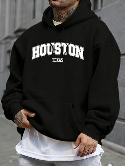 Heren katoenen sweatshirt met capuchon en zakken, losse pasvorm, voor herfst & winter, Houston Texas letterprint, casual street sport stijl