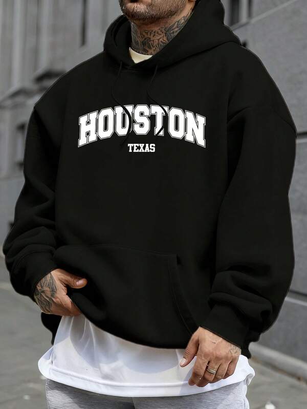 Camisola com capuz em algodão de corte largo para homem, com bolsos, para outono e inverno, pullover com estampado de letras Houston Texas, estilo casual street sport