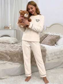 Cute Bear Embroidery Ribbed Loungewear Women's Crew Neck Loose Long Sleeve Pants Warm Pajama 2 Pieces Set - Apricot - View 4