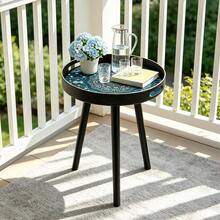 Bohemian Round Side Table,Plastic With Handles,Blue Maze Pattern Side Table,Modern Vanity And Serving For Ottoman,Coffee Table,Kitchen And Bathroom,Small Home Furniture,For Living Room,Bedroom,Balcony,Ideal Holiday Housewarming Gift - Black - View 3
