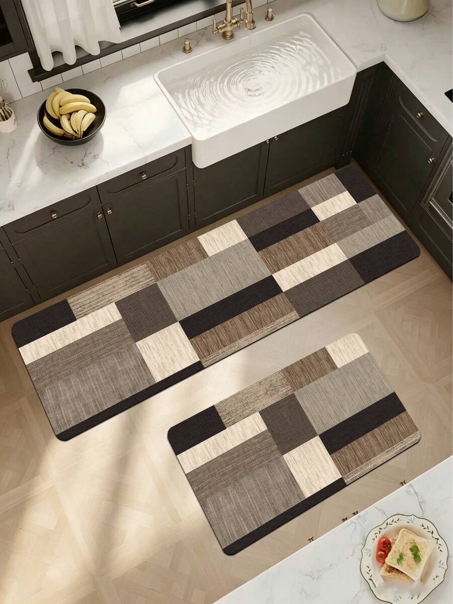 1pc Vintage Faux Wood Grain Square Geometric Patchwork Floor Mat, 3.5mm Thick Cuttable Cushioned Anti-Fatigue, Kitchen Anti-Slip Mat, Kitchen Rug, Bathroom Toilet Mat, Hallway Carpet, Entryway Living Room, Outdoor Doormat - Multicolor - View 1