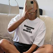 Elegant Casual Cotton Short‑Sleeve Tee, Vintage Rough Text Doodle Art, Daily Weekend Hangouts, Summer Holiday Street Wear For Women - White - View 2