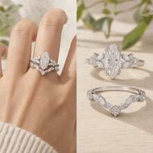 S925 Engagement Ring Set, Double-Ring Set For Women's Wedding Rings, Wedding Ring Jewelry For Love Anniversary Gift For Brides - Silver - View 2