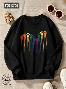 Girls' Cotton Top, Printed, Comfortable, Relaxed-Fit Dropped-Shoulder Sweatshirt, Round-Neck Oversized Sweatshirt - Black - View 3