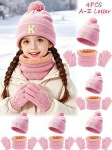 3pcs Kids Gift Set 26 Letters Knitted Beanie + Fleece Neck Warmer + Knitted Fingerless Gloves, Soft Winter Warm Set, Suitable For Boys And Girls, Applicable For Holidays, Birthdays, Daily Wear - Pink - View 1