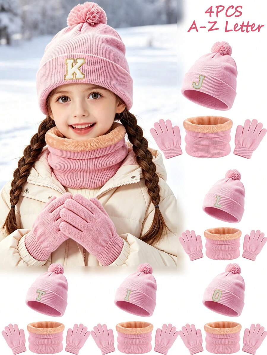 3pcs Kids Gift Set 26 Letters Knitted Beanie + Fleece Neck Warmer + Knitted Fingerless Gloves, Soft Winter Warm Set, Suitable For Boys And Girls, Applicable For Holidays, Birthdays, Daily Wear - Pink - View 1