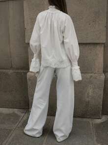 Women's Spring/Autumn Fashion Casual Versatile Solid Color Lace Trim V-Neck Blouse, Suitable For Brunch Outfits - White - View 6