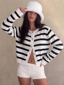 Women's Cardigan, Round Neck, Single-Breasted Button, Long Sleeve, Flared Sleeve, Commute, Minimalist, Contrast Color Striped, Loose, Lazy, Warm, Thick Knit Sweater, Autumn/Winter - White - View 4