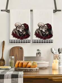2pcs/4pcs Gothic Skull Couple Red Rose Towels, Super Soft & Highly Absorbent, Dark Romantic Bathroom Decor, Creative Valentine's Day Wedding Gift - Multicolor - View 7