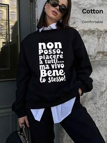 Women Cotton Crew Neck Loose Sweatshirt For Autumn With White Letter Print And Layered Shirt Hem, Casual Street Sport Style - Black - View 2