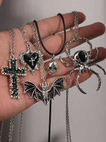 5pcs Vintage Gothic European American Halloween Quirky Gemstone Dark Retro Punk Gothic Bat, Skull, Melting Cross, Rose Heart, Purple Giant Spider Jewelry Pendant Earrings, Bohemian Style Necklace, Y2K Women's Necklace - Black - View 7