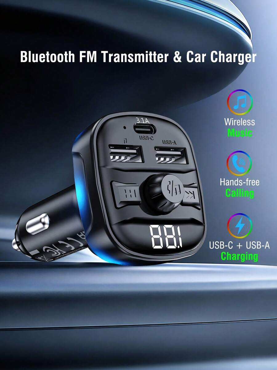 REMAX 藍牙FM發射器與15W車用充電器,USB-C與USB-A可為2台裝置充電,藍牙與USB隨身碟音樂播放,免手持通話,自動重新連接,紫色氛圍燈,汽車配件,汽車必需品,汽車用品,Type-C充電器,iPhone充電器 - C91 - 查看 1