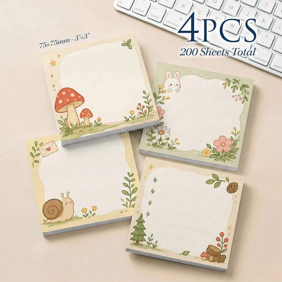 4 Pak (Total 200 Lembar) Kertas Tempel Persegi, Cocok untuk Sekolah, Kantor, dan Penggunaan di Rumah - Bantalan Memo Bertema Jamur, Siput, Kelinci, dan Taman yang Lucu, Ukuran Kertas 75x75mm (3x3 Inci), Dapat Digunakan untuk Perencanaan Jadwal, Buku Harian, Pengingat Papan Pengumuman, dan Pencatatan - Satu-Ukuran - View 1