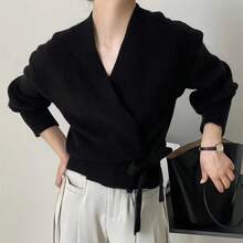 Damen Wickel V‑Ausschnitt Strickpullover, One‑Size Ballonlangarm Selbstbindende Taille Kurz Strickoberteil, Casual Einfarbig - Schwarz - Übersicht 3