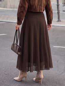 Yepolly-Pop Women's Spring/Summer High-Waist Ruched A-Line Long Skirt, Flowy Olive Green, Parisian Street Style, Elegant Back-To-School Outfit - Chocolate Brown - View 4