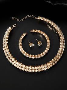 NAIZHU 3pcs/Set Women's Multi-Layer Gold-Tone Rhinestone Necklace, Bracelet And Earrings Set, Party Outfit Accessories - Gold - View 7