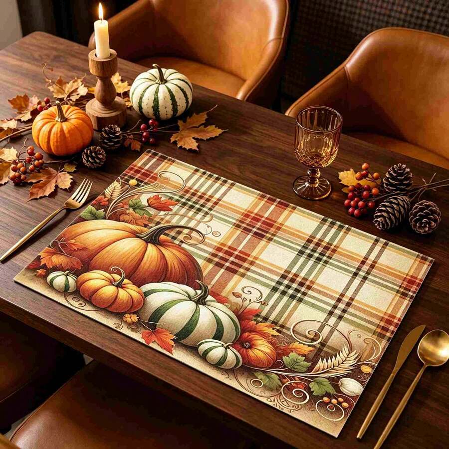 1/4/6pcs Autumn Series Plaid Pumpkin Vintage Pattern Printed Placemats, Heat-Resistant Table Mats For Home Kitchen/Kitchen Table Protection, Party Scene Decoration