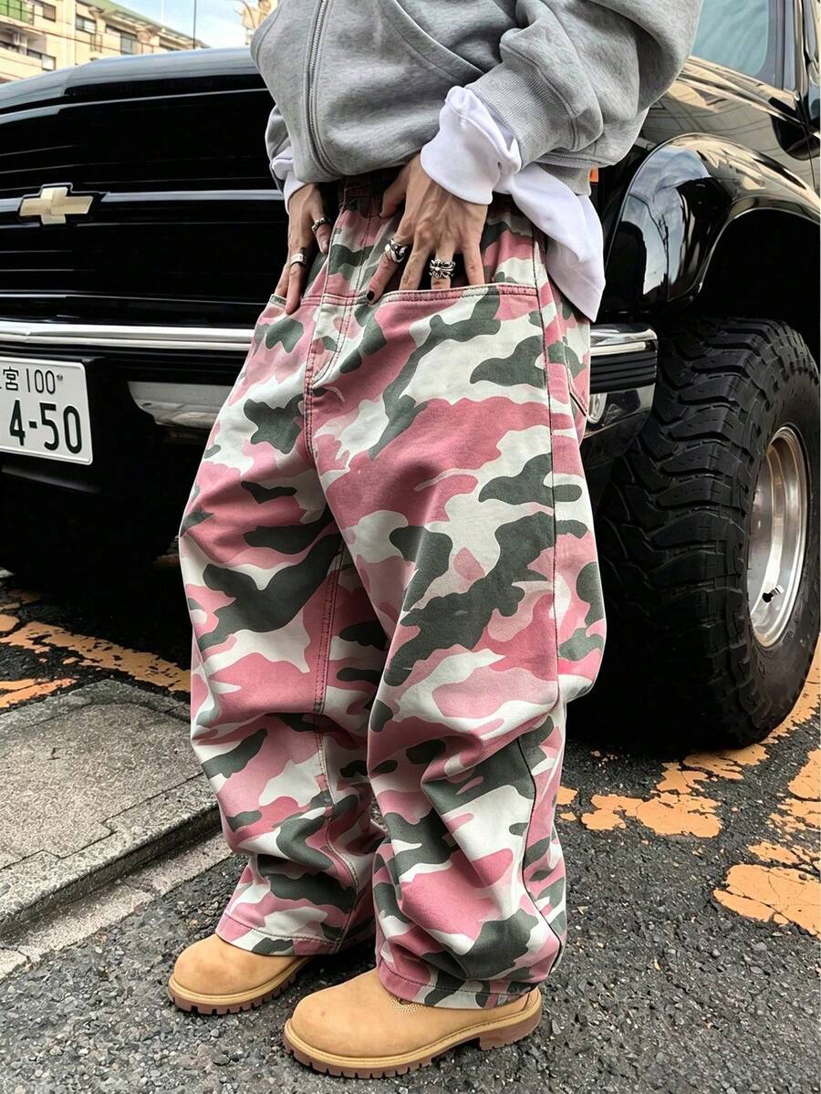 青少年男孩高街休閒時尚街頭風粉色迷彩寬鬆牛仔長褲 - 粉色 - 查看 1