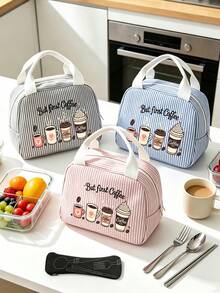 Striped Lunch Bag Featuring Coffee-Themed Patterns And Lettering.Reusable Insulated Lunch Box, Large Capacity Thermal Bag, Comes With Black Utensil Storage Bag, Snack Storage Bag, Multi-Functional Travel Storage Bag, Makeup Bag, Toiletry Bag, Suitable For School, Commute, Dorm, Picnic, Vacation, Birthday Gift, Halloween Christmas Gift - Multicolor - View 1