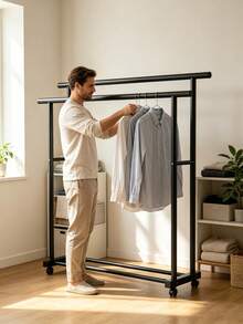 Double‑Rod Floor‑Standing Movable Clothes Rack With Thickened Metal Frame, Universal Casters, Large‑Capacity Garment Hanging, Stable Load‑Bearing, For Both Household Storage And Air‑Drying. - A - View 4