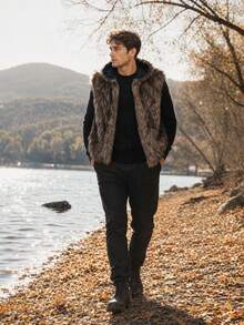 Men's Hooded Faux Fur Vest Jacket, Simple Fashion Casual Daily Wear - Dark Grey - View 4