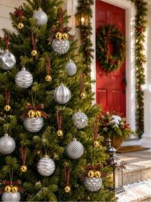 1/6/12/24pcs Silver Christmas Ball Ornament Set With Gold Bells And Plaid Ribbons, Assorted Color Christmas Tree Hanging Balls, DIY Holiday Decoration For Gift Wrapping, Fireplace, Home And Holiday Party Decor - Multicolor - View 3