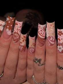 24pcs Extra Long Square Press-On Nails Y2K Sweet & Spicy Girl Style Retro Red & Pink Contrast Floral Lively Playful Polka Dot Soft 3D Embossed Exquisite Flower Smooth Line Design French Contrast Stripe Full Coverage Nail Stickers Suitable For Women And Girls Dating Shopping Party And More Gift 1pc Jelly Glue And 1pc Mini Nail File Jelly Glue Randomly Sent - Multicolor - View 1