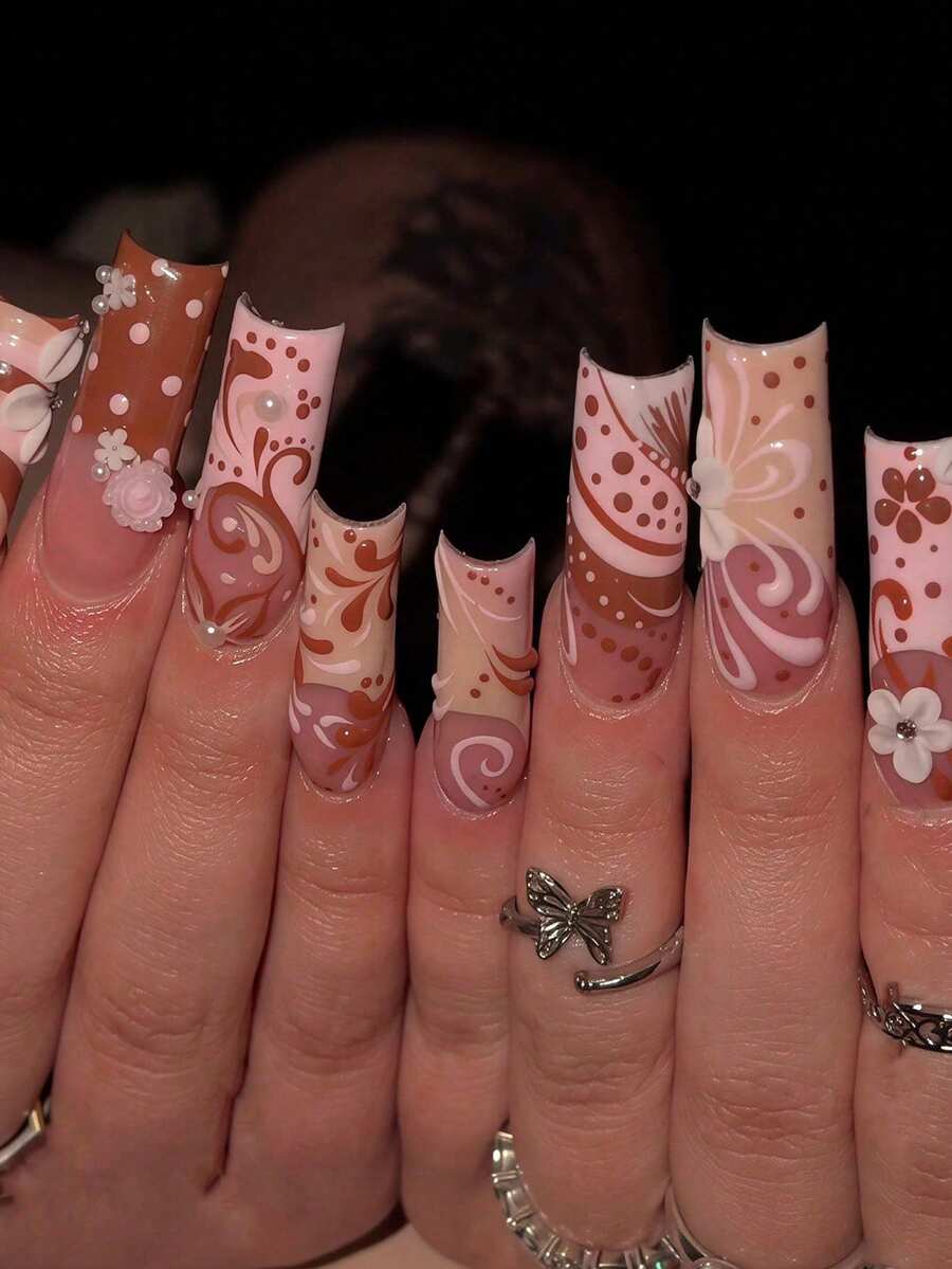 24pcs Extra Long Square Press-On Nails Y2K Sweet & Spicy Girl Style Retro Red & Pink Contrast Floral Lively Playful Polka Dot Soft 3D Embossed Exquisite Flower Smooth Line Design French Contrast Stripe Full Coverage Nail Stickers Suitable For Women And Girls Dating Shopping Party And More Gift 1pc Jelly Glue And 1pc Mini Nail File Jelly Glue Randomly Sent - Multicolor - View 1