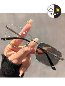1 Pair Y2K Style Square Frame Photochromic Glasses, Unisex, Transparent Lens Computer Glasses, Fashionable Women's Accessory, Comes With Glasses Case And Cleaning Cloth - Multicolor - View 16